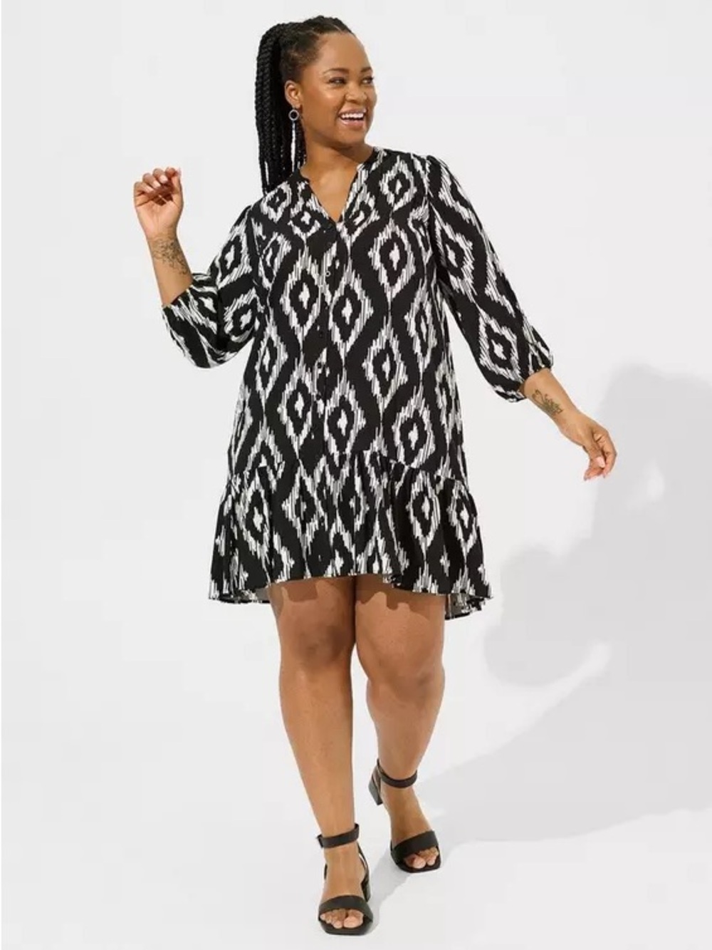 Torrid Mini Rayon Slub 3/4 Sleeve Trapeze Pleat Dress